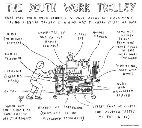 The Youth Work Trolley. - This is so true! Christian Humour, Justin Welby, Youth Worker, Youth Work, Church Worship, Community Services, Ministry Ideas, Work Activities, Community Development