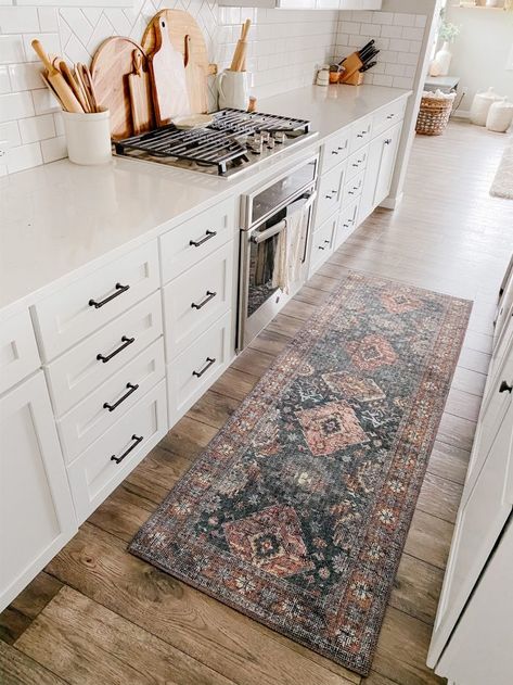 Kitchen Runner Rugs Under $75 - Sprucing Up Mamahood Kitchen Runner Rugs, Kitchen Rugs Ideas, Rug Runner Kitchen, Kitchen Runner Rug, Boho Area Rug, Boho Kitchen, Kitchen Runner, Runner Rugs, White Cabinets