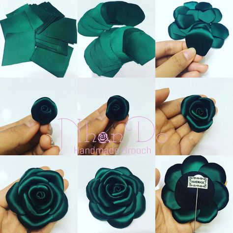 Green rose - handmade flower brooch from silk ribbon  #handmadebrooch #flowerbrooch #silkrose #handmadebroochpins #amazon #nhandohandmade #roseflowers #brooch #giftforher #giftformom #giftforteacher Satin Flowers Diy, Ribbon Flowers Diy, Ribbon Flower Tutorial, Making Fabric Flowers, Ribbon Crafts Diy, Satin Ribbon Flowers, Fabric Flower Brooch, Fabric Flower Tutorial, Handmade Flowers Fabric