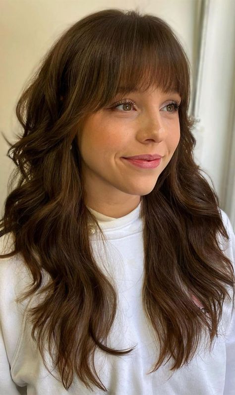 soft shaggy layered haircut, shaggy layers, long layered haircut Haircut Shaggy Layers, Shaggy Long Layers, Shaggy Long Hair With Bangs, Layered Brunette Hair, Feather Bangs, Long Shaggy Haircuts, Mid Length Hair With Bangs, Shaggy Layered Haircut, Bang Styles