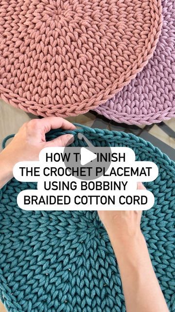 All Yarn Drive - Justyna - Bobbiny Crochet & Macrame Cords on Instagram: "How to finish the crochet placemat using Bobbiny braided cotton cord tutorial.  Do you prefer traditional crochet finishes or experimenting with alternative materials like Bobbiny cord? Share your thoughts!  How to crochet round placemat, Bobbiny Braided Cotton Cords  #bobbiny #bobbinycordsus #crochettutorial #crochetplacemat #crochetforbeginners #howtocrochet #crochethomedecor #modernhomedecor #crochetlove" Bobbiny Crochet Pattern, Knitting With Macrame Cord, Crochet Patterns With Macrame Cord, Crochet Round Border, Crocheting With Macrame Cord, Crochet Placemats Round, Macrame Placemat Tutorial, Crochet With Macrame Cord, Crochet Macrame Cord