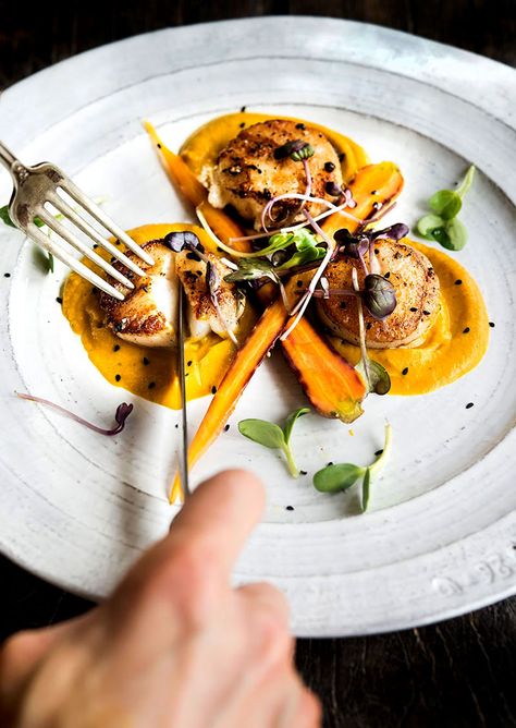 Vadouvan Carrot Puree with Seared Scallops - WILD GREENS & SARDINES Scallops With Carrot Puree, Scallops Fine Dining Plates, Vadouvan Recipe, Bean Soup Recipes Healthy, Bean Soup With Canned Beans, Healthy Bean Soup, Salad Butternut Squash, Bean Soup With Sausage, Scallop Appetizer