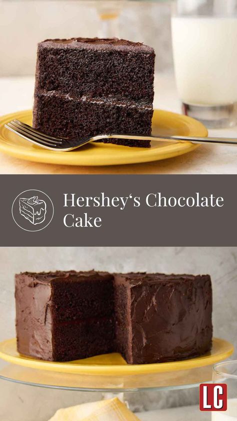 This Hershey's chocolate cake recipe is an updated version of the original cocoa box recipe that includes espresso powder in the cake and frosting. If you've never tried chocolate cake with espresso powder, you're in for an amazing treat! Chocolate Cake Hersheys, Hershey Chocolate Cake Recipe, Hersheys Perfectly Chocolate Cake Recipe, Hershey Cocoa Cake Recipe, Hershey Chocolate Cake, Hersheys Chocolate Cake, Hersheys Chocolate Cake Recipe, Chocolate Chocolate Cake, Hershey Chocolate Cakes