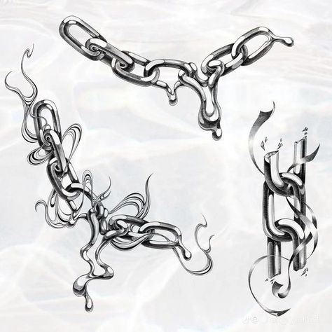 Chains Drawing Art, Metal Chain Art, Cyberpunk Flash Tattoo, Spiked Chain Tattoo, Drip Tattoo Design, Chrome Chain Tattoo, How To Draw Chrome, Metalic Tatoos, Textured Tattoos