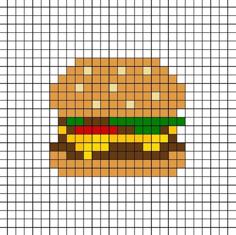 A pixel art template of a cheese, tomato and lettuce burger. Pixel Art Macdonald, Food Pixel Art Grid, Food Perler Bead Patterns, Burger Pixel Art, Food Pixel Art, Mini Pixel Art, Pixel Art Food, Pizza Art, Piskel Art