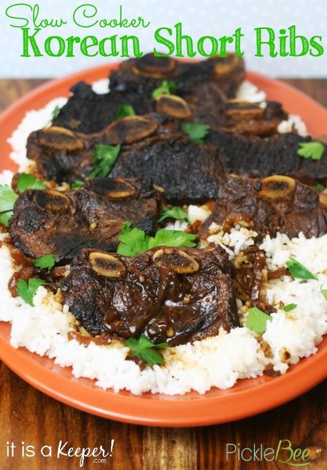 Slow Cooker Korean Bbq, Short Ribs Crock Pot, Korean Bbq Ribs, Chicken Lazone, Korean Short Ribs, Short Ribs Slow Cooker, Crockpot Ribs, Beef Short Rib Recipes, Korean Short