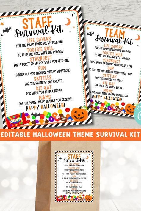 Fun and cheery Halloween survival kit. Make this tag your own! 
#halloweengiftsforcoworker #halloweengifttagsprintable #staffappreciationhalloweengift #halloweencandybags Trick Or Treat Handout Ideas, Halloween Staff Morale, Staff Halloween Ideas, Halloween Treats For Office Staff, Halloween Staff Treats, Halloween Employee Appreciation Ideas, Teacher Survival Kit, Teacher Morale, Halloween Gift Tags