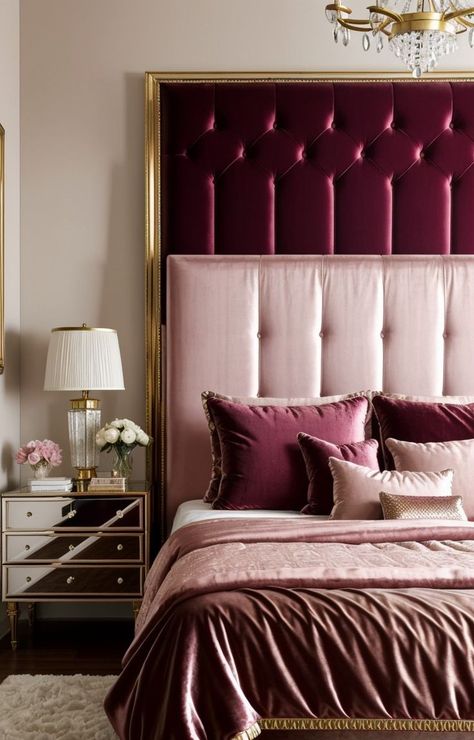 Elegant Pink Bedroom, Pink Bedroom Aesthetic, Aesthetic Bedrooms, Crystal Mirror, Velvet Headboard, Gold Bedroom, Hanging Crystals, Mirrored Nightstand, Pink Bedding