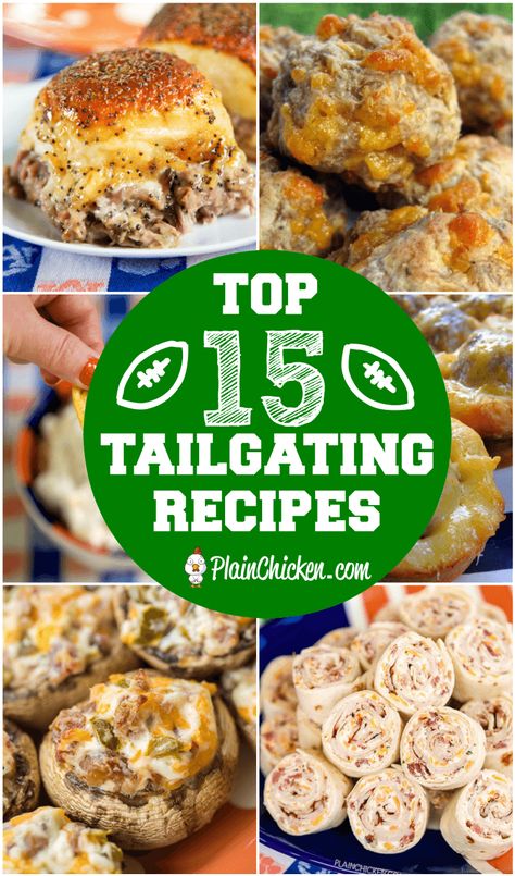 Top 15 Tailgating Recipes - the best recipes to take to your tailgate! Dips, finger foods, appetizers. Your tailgate is guaranteed to score a touchdown if you serve these easy recipes! #tailgating #partyfood Tailgate Dips, Finger Foods Appetizers, Football Tailgate Food, Tailgate Party Food, Tailgate Snacks, Football Party Foods, Football Party Food, Plain Chicken, Tailgating Recipes