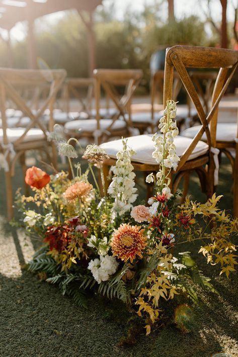 Hannah + Tim - Calluna EventsCalluna Events Taupe And Wildflower Wedding, Green And Terracotta Wedding Florals, Terracotta Wildflower Wedding, Rustic Wedding Aisle Flowers, Early Autumn Wedding Colors, Fall Tented Wedding, September Wedding Arch, Fall Welcome Sign Wedding, Fall Aisle Flowers