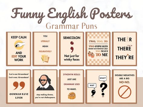 This set of 10 hilarious English classroom printable posters are a great way to add humour into your class, while also engaging students in their learning!  This set of 10 posters come in 5 different sizes: -18x24inches -16x20inches -8.5x11inches -8x10inches -11x14inches How it works: Upon purchasing, you will receive a 5 PDF documents in your Etsy account. These PDFs are your printable posters!  You may not resell these designs! Refunds: This is a digital download, which means you will not rece English Posters Design, English Language Classroom Decoration, High School English Classroom Decorating Ideas, English Is Fun Poster, English Class Decoration, Posters For English Classroom, English Class Posters, Middle School English Classroom Decor, English Classroom Decoration