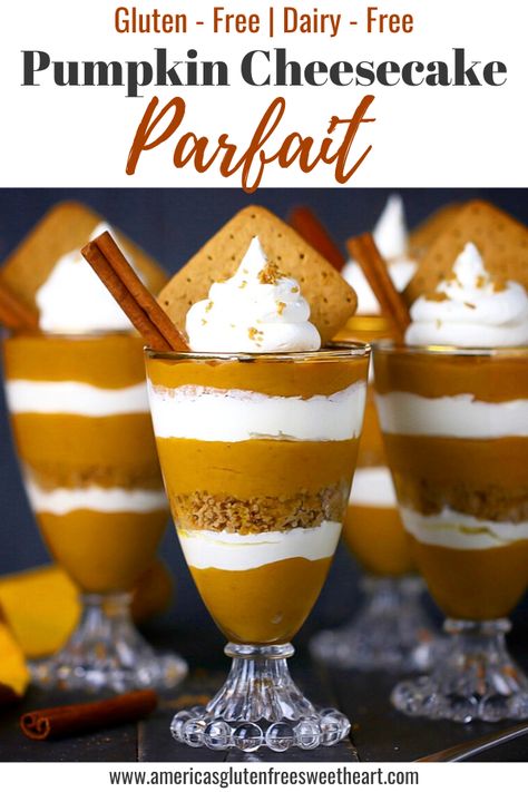 Dairy Free Pumpkin Cheesecake, Gluten Free Pumpkin Cheesecake, Pumpkin Parfait, Cheesecake Parfait, Gluten Free Holiday Recipes, Cheesecake Parfaits, Dairy Free Pumpkin, Parfait Desserts, Gluten Free Holiday