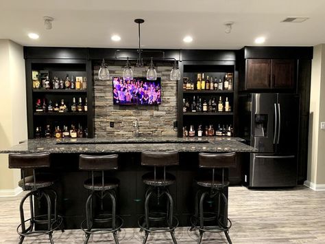 Man cave bar | Basement bar designs, Home bar rooms, Home bar plans Black Basement Bar Ideas, Diy Bar Room, Basement Bar With Full Size Fridge, Mancave Bar Ideas, Bar Ideas For Basement, Basement Bar Designs Modern, Man Cave With Bar, Home Sports Bar Ideas, Black Basement Bar