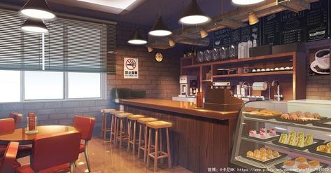 Anime Backgrounds Cafe, Sunnies Cafe, Coffee Shop Aesthetic, Anime Room, Cafe Interior, Food Shop, Anime Background, Aesthetic Backgrounds, Anime Scenery