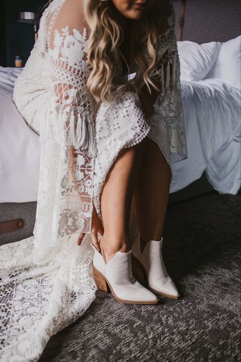 Bride | boho bride | wedding shoes | wesding boots | wedding dress | boho wedding dress | wedding dress inspiration | lace dress |  dress with sleeves | getting ready | wedding inspo | boho wedding | wedding | wedding photography | midwest photographer | Copperhead Photography | @Copperhead_Photography | www.copperheadphotography.com Wedding Shoes Bride Country, Wedding Dress And Boots Boho, Boho Boots Wedding, Bridal Boots Boho, Ankle Boots Wedding Dress, Bride Shoes For Outdoor Wedding, Boho Wedding Shoes Boots, Outdoor Fall Wedding Shoes For Bride, Hippie Bride Shoes