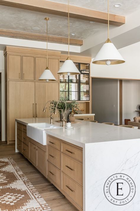 kitchen Coastal Oak Kitchen, Kitchen Quartz Backsplash Ideas, Plastered Ceiling, Pnw House, White Oak Kitchen Cabinets, Kitchen Oak, Waterfall Countertop, Floor To Ceiling Cabinets, Light Wood Kitchens