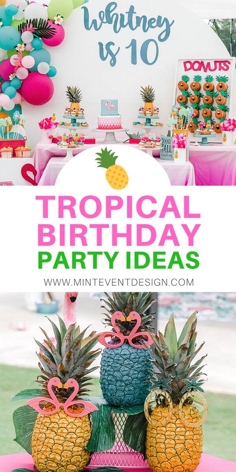 The Best Tropical Birthday Party Ideas for Kids Flamingo Bday Party Ideas, Tropical Flamingo Party Decorations, Tropical Themed Party Ideas, Summer Vibes Party Theme, Tropical Two Birthday, Summer Theme Birthday Party Ideas, Flamingo Tropical Birthday Party, Hawaii Birthday Party Ideas For Kids, Pool Birthday Party Themes