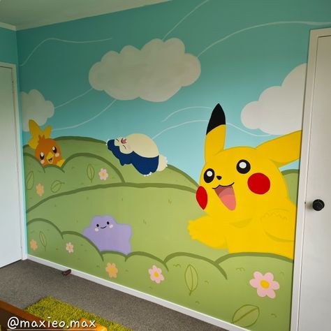 Painted this wall for my baby's nursery☆ Image is based off the Pokémon Primer ABC book. Not amazing paint work but I love how bright it makes the room :3 Nursery Ideas Pokemon, Pikachu Bedroom Ideas, Pokemon Wall Painting, Pokemon Nursery Ideas, Pokemon Mural Bedroom, Pokemon Wall Mural, Pokémon Baby Room, Pokémon Mural, Pokemon Bedroom Kid Rooms