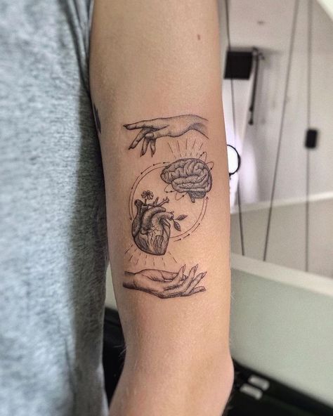 Balance Of Life Tattoo, 4 By 4 Tattoo Ideas, Balance Head And Heart Tattoo, Two Hand Tattoo, Two Selves Tattoo, World In My Hands Tattoo, Rad Tech Tattoo Ideas, Calm Mind Tattoo, Heart Mind Soul Tattoo