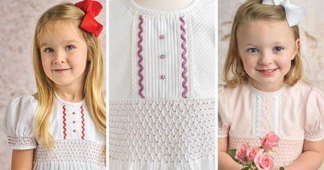 3 Versions of Gail Doane’s Lilyana Dress Honeycomb Smocking, Sewing Magazines, Family Wedding, Seed Pearl, Handmade Dresses, White Trim, Vertical Stripes, White Fabrics, Accent Colors