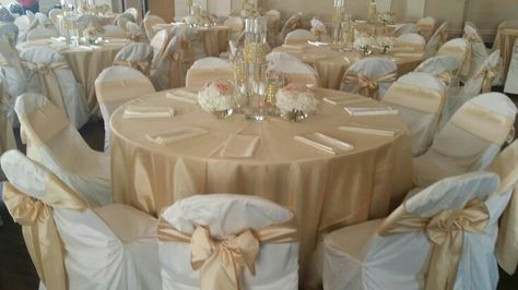 Ivory and champagne wedding tables Champagne Quinceanera Theme, Gold Quinceanera Theme, Mulberry House, Champagne Decor, Champagne Quinceanera Dresses, Quince Decor, Quince Themes, White Chair Covers, Quinceanera Dresses Gold