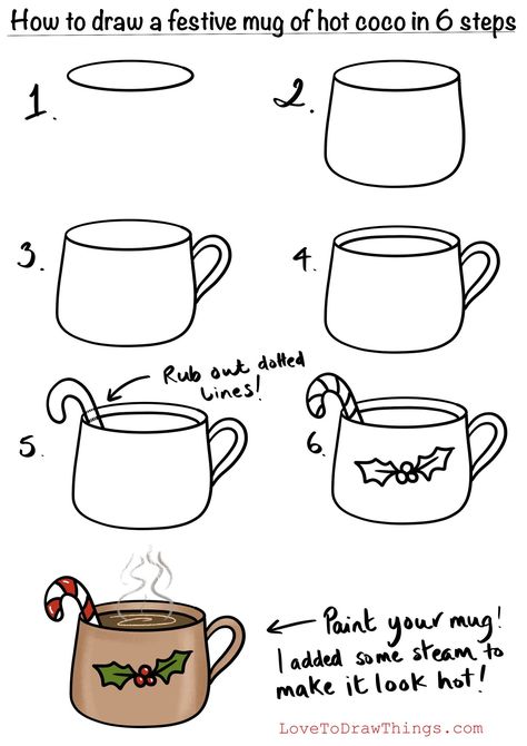 Hot Cocoa Art, Christmas Drawing Ideas Easy, Trin For Trin Tegning, Easy Christmas Drawings, Xmas Drawing, Doodle Art For Beginners, How To Draw Cute, Easy Step By Step Drawing, Christmas Drawings