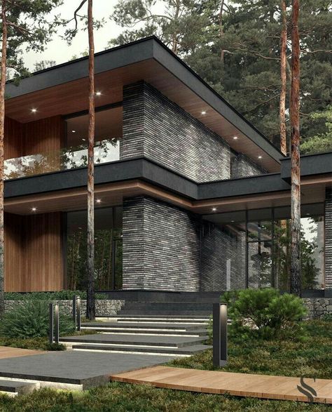 Modern House Facades, Modern Exterior House Designs, Modern Architecture House, Design Exterior, Home Building Design, Forest House, Pine Forest, Frank Lloyd, House Architecture Design