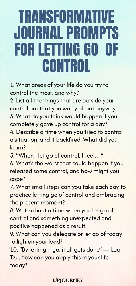 Explore these transformative journal prompts designed to help you let go of control and find inner peace. Reflect on your thoughts and emotions as you navigate through these prompts, guiding you towards a more balanced mindset. Use these powerful tools to release the need for control and embrace the beauty of surrendering to the flow of life. Let your journal be a safe space for self-discovery and growth as you work through these thought-provoking prompts. Start your journey towards letting go t Journaling For Letting Go, Need For Control, Journal Prompts For Letting Go, Therapy Journaling Prompts, Therapeutic Journaling, Journaling Lists, Letting Go Of Control, Let Go Of Control, Control Journal