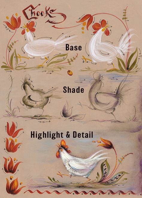 Chooks - Simple Techniques For Chickens – Jo Sonja's Painting Chickens Simple, Jo Sonja, Folk Art Chicken Painting, Watercolor Rooster Tutorial, Watercolour Chickens Hens, Basic Painting, Dry Well, Titanium White, Folk Art Painting