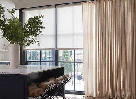 Ripplefold Drapery, Material: Sunbrella Ventana Collection Vitela, Color: Heather Beige; Solar Shades, Material: Sunbrella Solar Collection 5% Solistico, Color: Oatmeal Ripple Fold Drapes, Custom Curtains Drapery, Gallery Window, Modern Window Treatments, Drapery Styles, The Shade Store, Shade Store, Pleated Drapes, Solar Shades