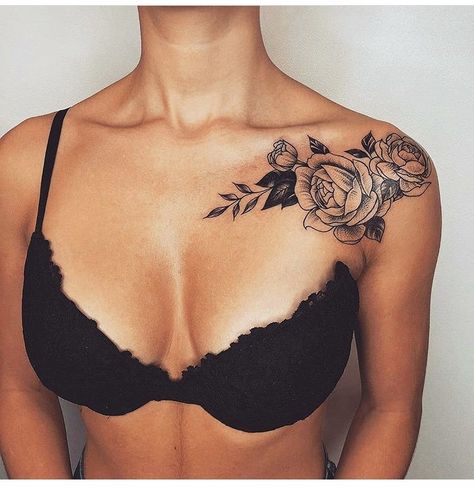 Cover Up Tattoos For Women Shoulder, Shoulder Cover Up Tattoos, Collar Tattoo, Women's Shoulder Tattoo, Front Shoulder Tattoos, Cover Up Tattoos For Women, Clavicle Tattoo, Cute Thigh Tattoos, Rose Shoulder Tattoo