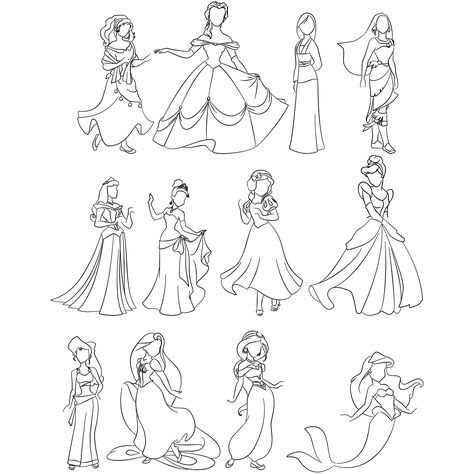 Princess Line Drawings Disney Princesses Tattoo, Line Art Disney, Princesses Tattoo, Mulan Tattoo, Disney Princess Outline, Cinderella Tattoo, Jasmine Tattoo, Belle Tattoo, Tattoo Disney