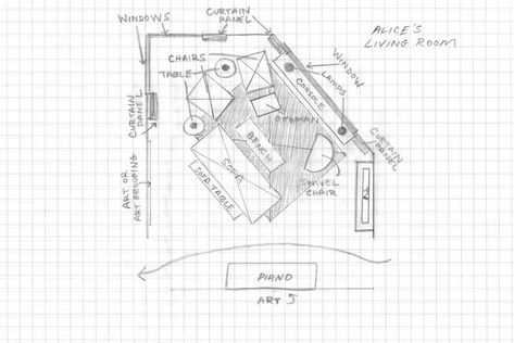 floorplan for odd-shaped room Triangle Living Room Layout, Office Furniture Arrangement, Magnolia Colors, Living Room Layout, Furniture Movers, Living Room Arrangements, Dining Room Spaces, Diy Kitchen Remodel, Small Space Design