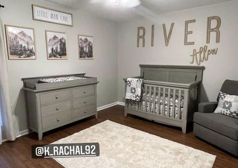 Grey And Wood Nursery, Gray Crib Nursery Color Schemes, Nursery Gray Crib, Ranch Nursery, Grey Crib Nursery, Country Baby Boy Nursery, Rustic Crib, Rustic Boy Nursery, Nursery Gray