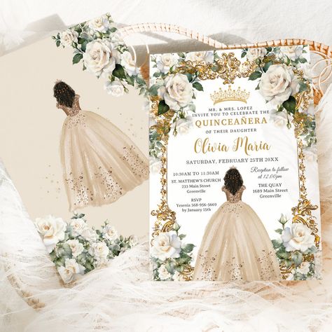 Gold Quince Invitations, White Quinceanera Theme, Sweet 16 Themes Unique, Champagne Quinceanera Theme, Quinceanera Themes Ideas, Xv Invitations, Quince Invites, Enchanted Forest Quinceanera Theme, Enchanted Forest Quinceanera