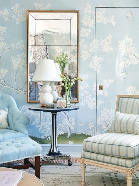 Blue Chinoiserie Wallpaper, Chinoiserie Wallpaper Panels, Gracie Wallpaper, Mark Sikes, Chinoiserie Panels, Chinoiserie Mural, Mark D Sikes, Blue Chinoiserie, Beautiful Dining Rooms