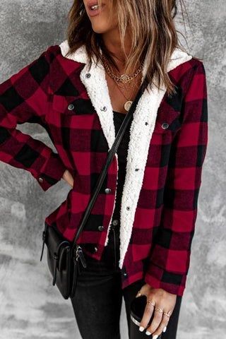 Plaid Button Fleece Jacket – Evaless Red Plaid Jacket Outfit, Plaid Fleece Jacket, Coat For Winter, Outwear Coat, Dressy Blouse, Outwear Jackets, Jacket Long, Collar Sweater, Ribbed Knit Sweater