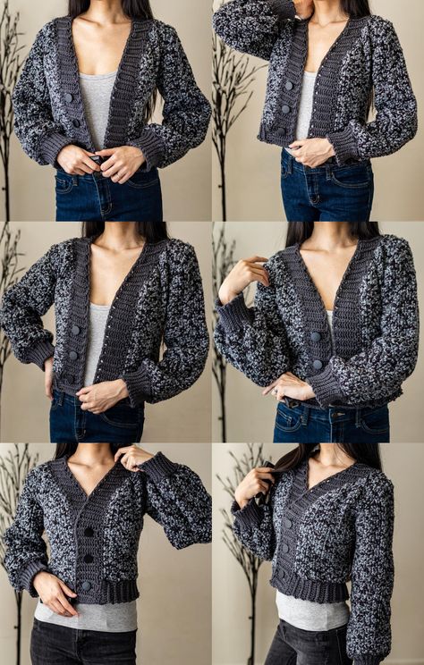 Here's a cute cropped cardigan with buttons. This is made with the moss stitch making it easy, breezy and CUTE! Our video tutorials also have a PDF pattern linked in the description as well! Please enjoy! 💖 Be sure to follow on YouTube, Instagram and check out my Etsy @TCDDIY #crochet #crochettop #crochetpattern #crochettutorial Tcddiy Crochet, Crochet Cropped Cardigan, Balloon Sleeve Cardigan, Cardigan With Buttons, Crochet Wearables, Overalls Fashion, Crochet Sweaters, Crochet Shrug, Crochet Buttons