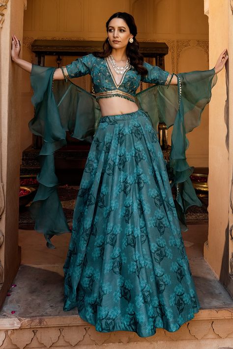 Buy Seeaash Floral Print Chanderi Lehenga Set Online | Aza Fashions Chanderi Lehenga, Ruffled Saree, Orang India, Ruffle Dupatta, Printed Lehenga, Green Lehenga, Bride Sister, Indian Wedding Wear, Indian Fashion Designers