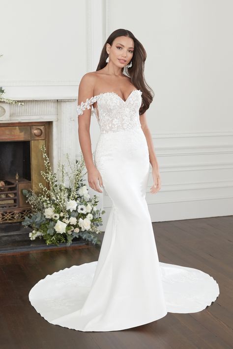 Sincerity Bridal - Style 44376: Stretch Mikado Fit and Flare Dress with Detachable Straps Sincerity Bridal Wedding Dresses, Wedding Gown Gallery, Sincerity Bridal, Girls Bridesmaid Dresses, Fit And Flare Wedding Dress, Justin Alexander, Hour Glass, Wedding Dresses Beaded, Into The Night