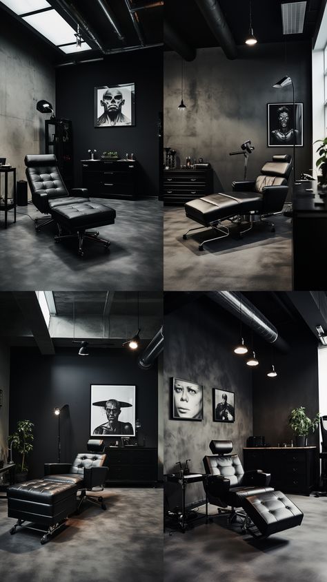 Studio Desing, Tattoo Shop Interior, Tattoo Shop Decor, Tattoo Studio Interior, Tattoo Studio Design, Barber Tattoo, Home Music Rooms, Tattoo Salon, Dark Modern