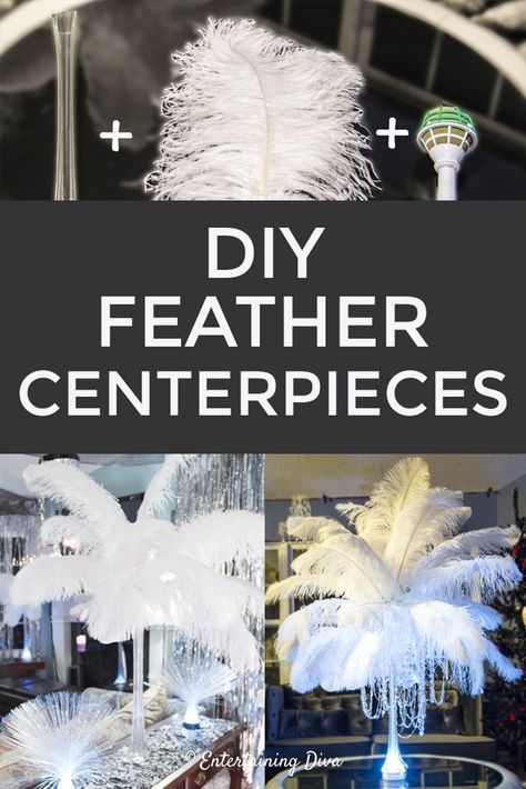 Learn how to make feather centerpieces with this step-by-step tutorial. DIY Ostrich feather centerpieces make awesome party decorations for weddings, Mardi Gras masquerade parties, Great Gatsby parties and all kinds of other events. They are simple to do and you can make them in advance, so there's no last minute arranging like you have to do with floral arrangements.  #entertainingdiva #weddingdecor  #babyshower #bridalshower #centerpieces #newyearseve #partyideas #newyearsevepartyideas Peacock Decorating Ideas, Diy Ostrich Feather, Feather Centerpiece Wedding, Masquerade Centerpieces, Ostrich Feather Centerpieces, Gatsby Party Decorations, Event Centerpieces, Masquerade Party Decorations, Mardi Gras Masquerade