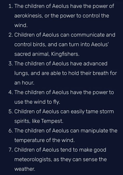 Aeolus Aesthetic, Aeolus Greek Mythology, Children Of Greek Gods, Children Of Zeus, Children Of Athena Headcanon, Children Of Zeus Headcanons, Aeolus God Of Wind, Percy Jackson Zeus Cabin, Powers And Abilities