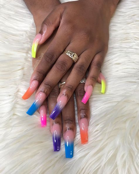 Nails Outline, Matching Nail And Toe Sets, Rainbow Ombre Nails, Nail Suggestions, Bright Summer Acrylic Nails, Nail Pics, Neon Acrylic Nails, Funky Nail Art, Rainbow Ombre