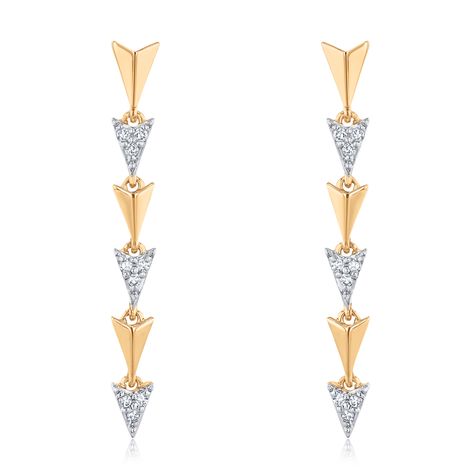 Make a statement with these unique drop earrings. Crafted in 10k yellow gold, these linear earrings boast an alternating pattern of gleaming, unadorned arrow elements and diamond studded arrow elements. The diamond area is enhanced with rhodium-plating, for a cohesive, bright look. The diamonds are 1/6ctw, I in color, and I2 in clarity. These earrings measure 35.5mm in length and 4mm in width. Dangler Earring, Yellow Gold Linear Earrings With Diamond Accents, Yellow Gold Linear Dangle Earrings With Diamond Accents, Formal Yellow Gold Diamond-shaped Earrings, Luxury Gold-tone Dangle Linear Earrings, Unique Drop Earrings, Elegant Yellow Diamond-cut Earrings, Arrow Jewelry, Dangler Earrings