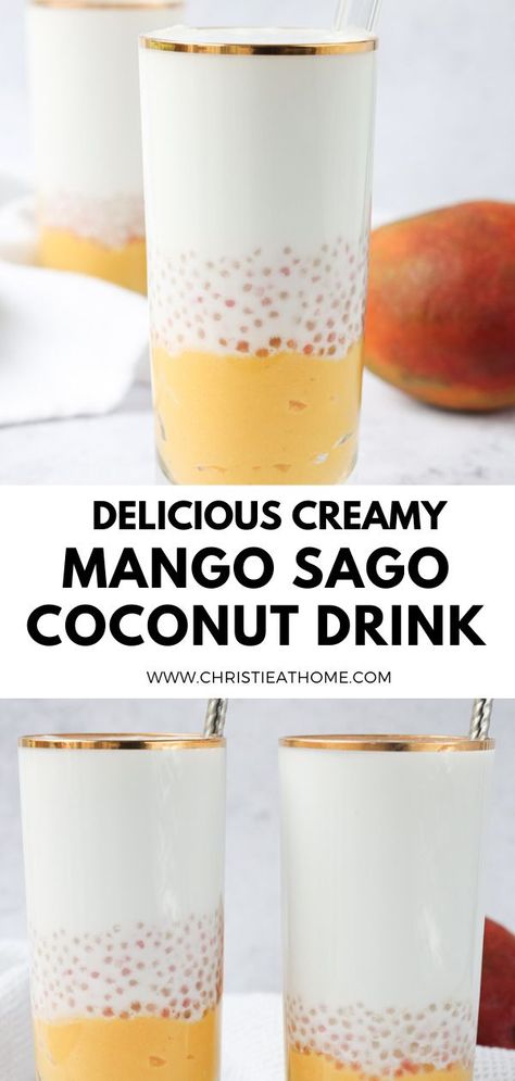 Mango Sago Coconut Drink. A flavourful sweet creamy mango-based drink that is perfect for the warmer months. Textured with bouncy chewy sago in every sip. This beverage is easy to make at home and comes together with just a few ingredients. #dessert recipe #recipe #coconut milk #dessert #drink #dessert hong kong #mango #recipes #dessert recipes #chinesedessert #asianrecipe #asianfood #asiandessert #chineserecipendessert #chineserecipe Sago Recipes Savoury, Mango Sago Coconut Milk, Mango Sago Drink, Sago Gulaman Drink, Chinese Drink Recipes, Sago Drink Recipe, Chuski Recipe, Mango Recipes Dessert, Coconut Milk Drinks