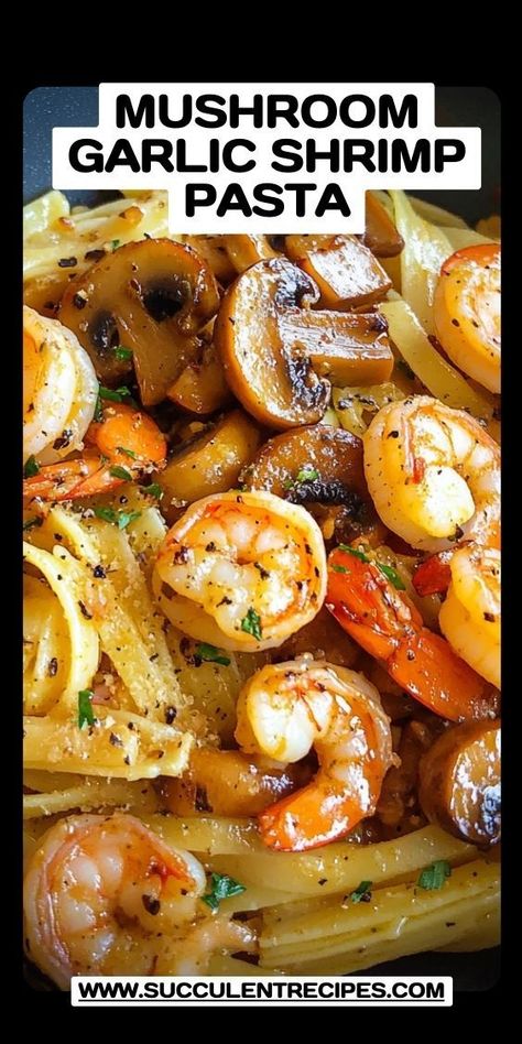 Indulge in this Deliciously Creamy Mushroom Garlic Shrimp Pasta! The rich flavors of garlic and earthy mushrooms combine with tender shrimp for a delightful meal that’s sure to impress. Fish Mushroom Recipe, Shrimp Pasta Recipes With Vegetables, Shrimp Zucchini Pasta Recipes, Shrimp And Fettuccine Recipes, Shrimp Recipes With Pasta, Shrimp With Mushrooms Recipes, Lunch Ideas With Shrimp, Shrimp Dishes Dinners, Shrimp Mushroom Recipes