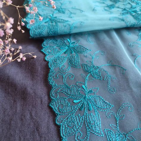 Non stretch turquoise Lace with floral embroidery for sewing lingerie. See more at my store! This stability lace is perfect for making lingerie, bra making, clothing, accessories, doll dresses, table runner decoration, home textile, gifts, bag decoration, skirt bottoming, home decor, and other projects you could imagine. 📏Width: 19cm (7.4") ✂️Sold by: 1 m = 1.09 yd (39.4'') If you order more than one quantity of the lace, you will receive it in one continuous piece. 💲 Price: 4.5$ The re... Textile Gifts, Lingerie Patterns, Making Clothing, Turquoise Lace, Bra Making, Sewing Lingerie, Bag Decoration, Doll Dresses, Decoration Home