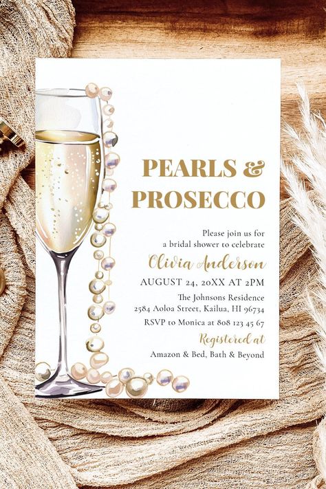 Elegant Gold Pearls and Prosecco Bridal Shower Invitation Prosecco Wedding, Bridal Shower Wine Theme, Pearl Bridal Shower, Romantic Bridal Shower, Bridal Shower Champagne, Invitation Minimalist, Champagne Party, Bridal Shower Invitations Templates, Wine Theme