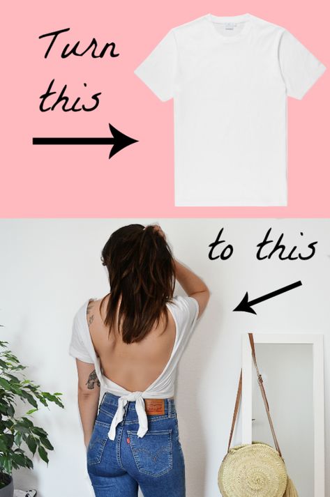 Turn a plain T-Shirt into a cute backless top. Video tutorial --> Turn your old boring T-Shirts into stylish pieces that are perfect for the upcoming summer months. it can be so easy to refresh some of your vintage T-Shirts into cute backless cut-out or distressed Tees. Get your scissors ready for some refashion projects and 2018 clothing hacks. #refashion #upcycle #oldclothes Open Back Tshirt Diy, Backless T Shirt Diy, T Shirt Cuts Diy, Diy Backless Tshirt, How To Turn A Plain T Shirt Cute, Diy Open Back Shirt No Sew, How To Make A Plain T Shirt Cute, T Shirts Hacks, Cut Up Tee Shirt Ideas